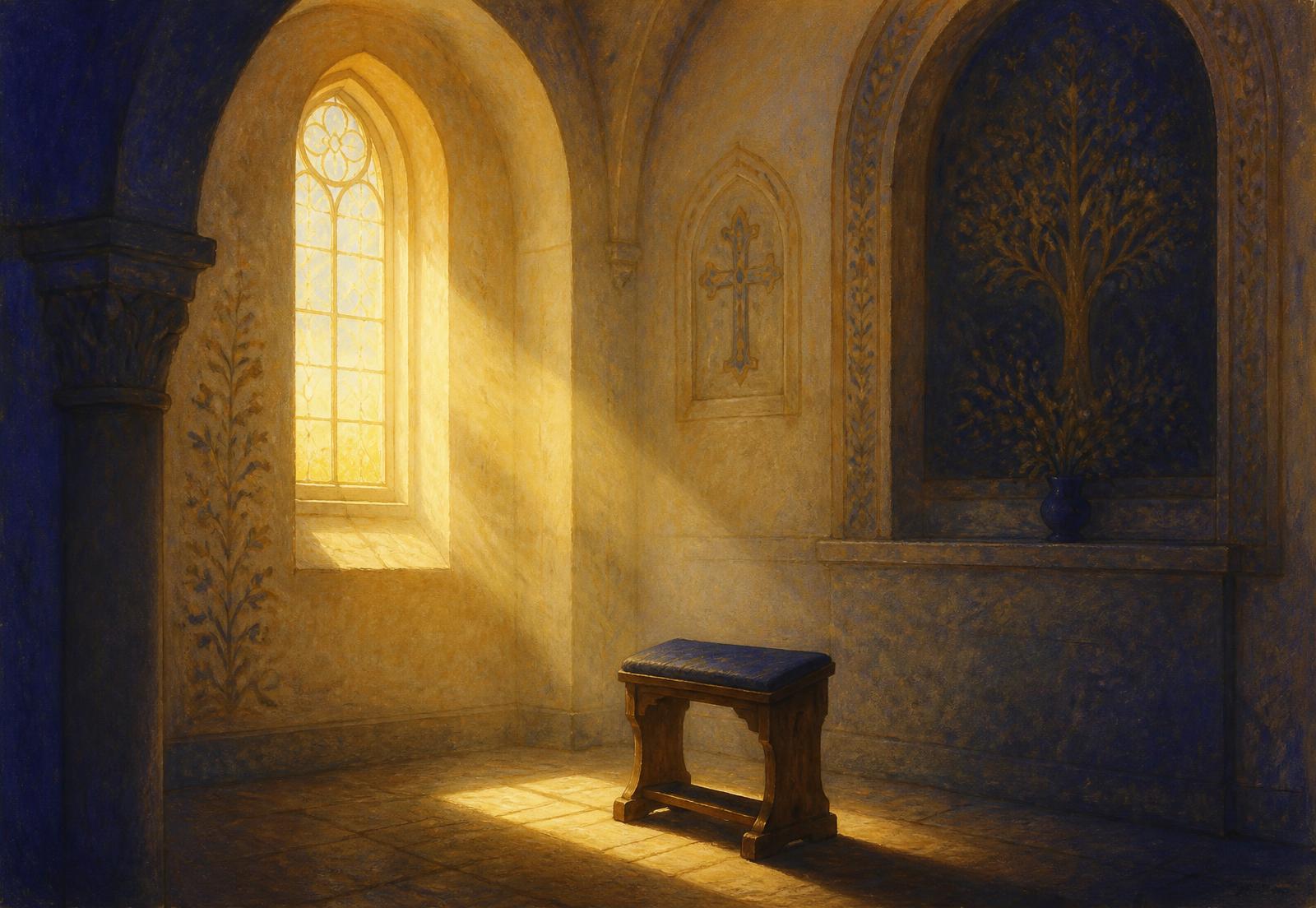 Dawn light falling through a chapel window onto a prayer stool